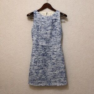 Alice + Olivia Gena Bouclé Tweed Sheath Dress Blue Cream Mesh Back Size 6